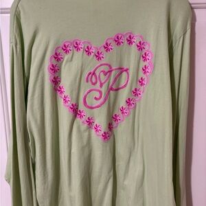 PINK Victoria's Secret Green Long Sleeve Tee with Pink Heart